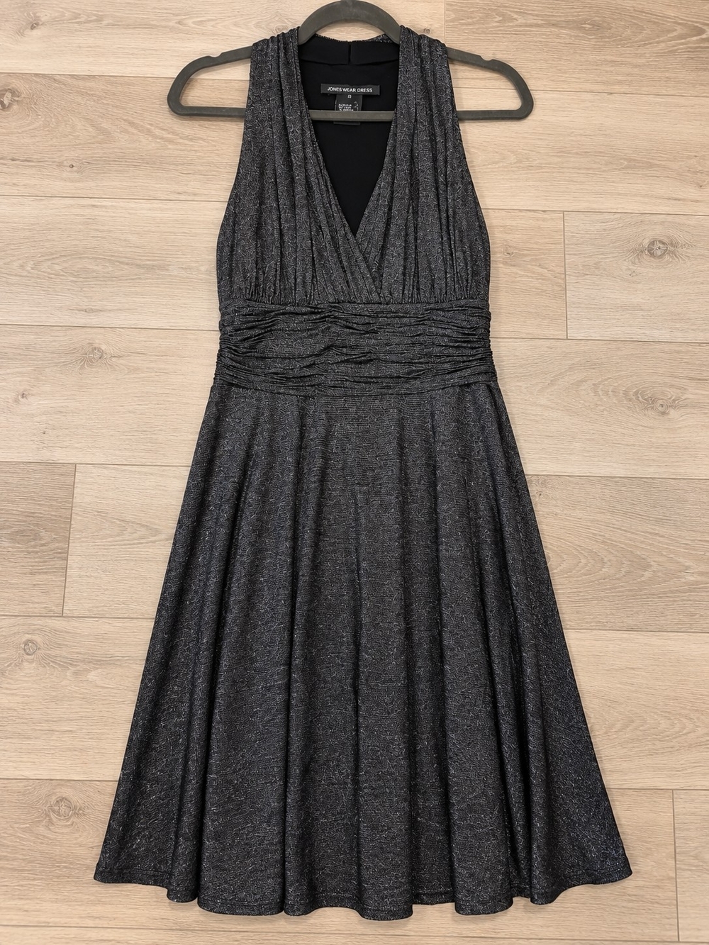 Jones Wear Metallic Charcoal Sleeveless V-Neck Midi Dress
